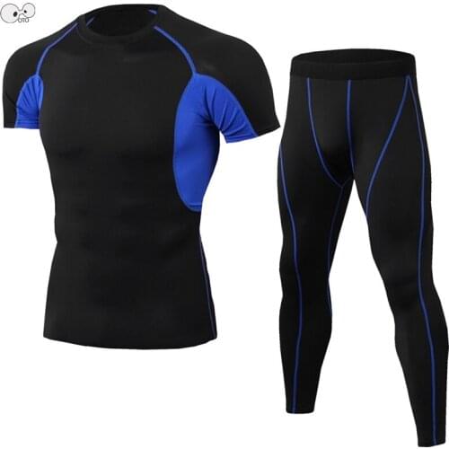2PCS Running Set Compression Mens Tracksuit 2019 New Fitness Sportswear T-shirt Tights Short Sleeve Quick Drying Gym Sport Suit