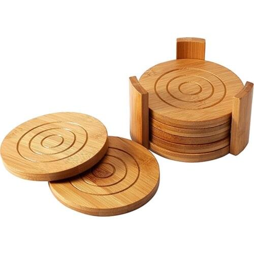 A 6-piece set of circular bamboo coasters for household heat insulation cushions and non-slip pads
