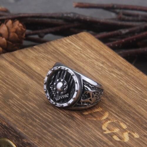 Vikings Jewelry Stainless Steel Shield Ring Viking Wolf never fade with wooden box as men gift