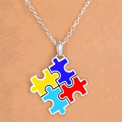 One Piece Fashion Drop Sale Jigsaw Autism Awareness Puzzle Pieces Charms Necklaces For Gifts