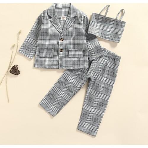 FOCUSNORM 2-7Y Fashion Kids Girls 3pcs Clothes Set Plaid Printed Long Sleeve Blazer Jacket+Sleeveless Cropped Top+Pants