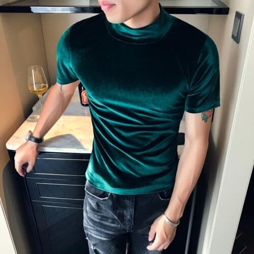 Luxury Semi-turtle Neck T Velvet Autumn Winter Short Sleeve Solid Color T-Shirts Men Slim Fit Tee Shirt Homme 4Colors