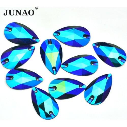 JUNAO 17*28mm Sew Blue AB Large Drop Crystal Rhinestone Resin Strass Flat Back Gems Sewn Stones for Dress Decoration Needlework