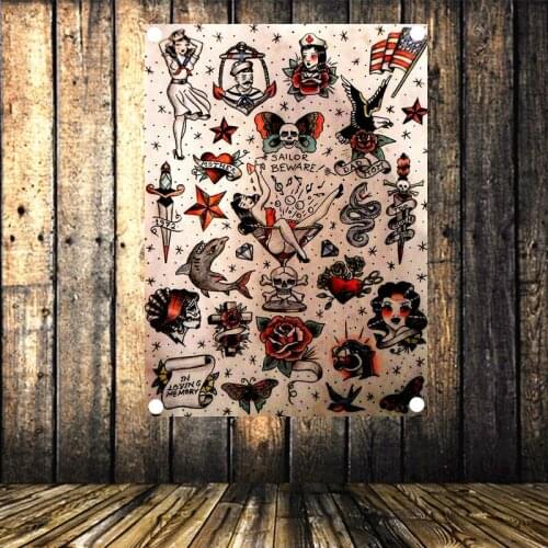 Classic Old School Tattoo Pattern Nostalgic Retro Banner Hanging Flag Tapestry Studio Living Room Dormitory Wall Decoration