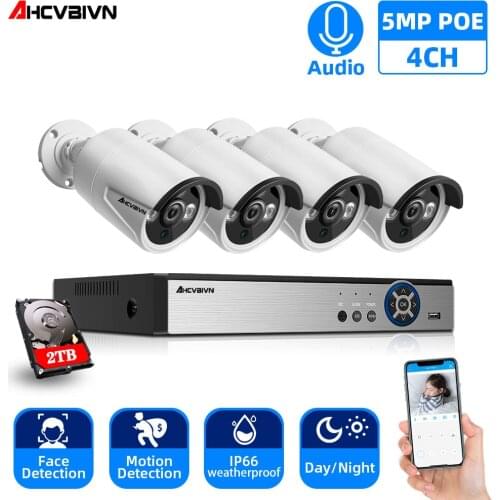 H.265 4CH 5MP POE NVR Kit CCTV System Face Detection Recognition POE IP Camera IR Outdoor Video Security Surveillance Set