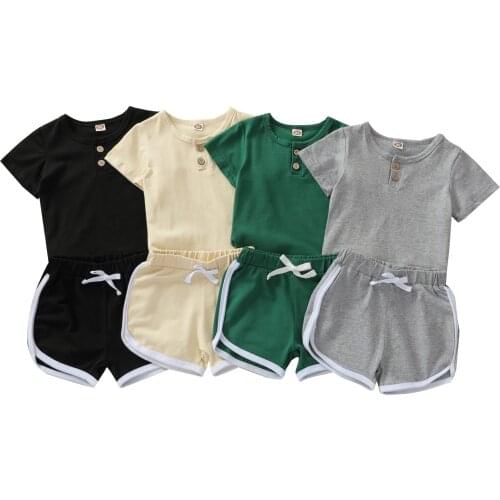 Summer Casual Baby Boys Clothes Sets Solid Short Sleeve Pullover T Shirts Elastic Shorts 2pcs 0-4Y