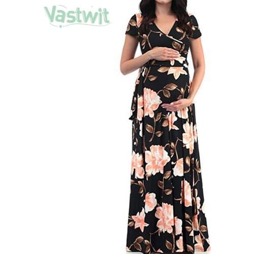 Summer Maternity Formal Dress Pregnant Women Floral Print Short Sleeve V-neck Maxi Gown Long Sundress For Photography Photo