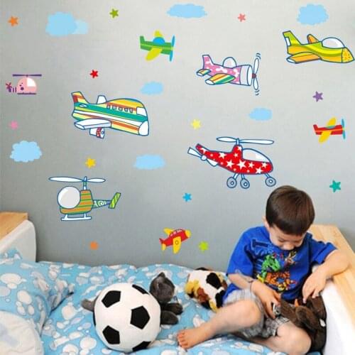 Cartoon airplane wall stickers for kids rooms bedroom wall decoration decals removable stickers mural wallpaper
