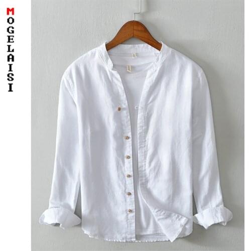 2020 New autumn linen shirts men 100% flax white long sleeve shirts man solid high quality Breathable man tops chemise homme 607