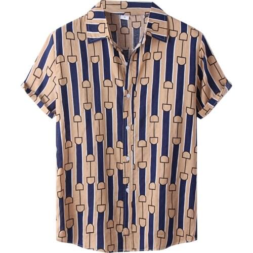 Mens Casual Hawaiian Stripe Print Short Sleeve Button Turn-down Collar Shirt Plus Size Shirts 2021 Summer Chemise Homme