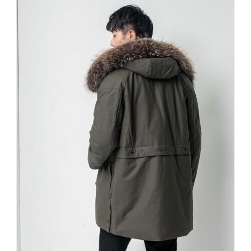 Genuine Raccoon Fur Collar Down Winter Jacket Men Cow Leather Long Coat Z18JMN1883 MY1197