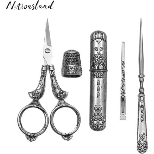 5pcs/Set Stainless Steel Vintage Sewing Scissors Set Sewing Kit Thimble Needle Case Tailors Scissors For Sewing Tool