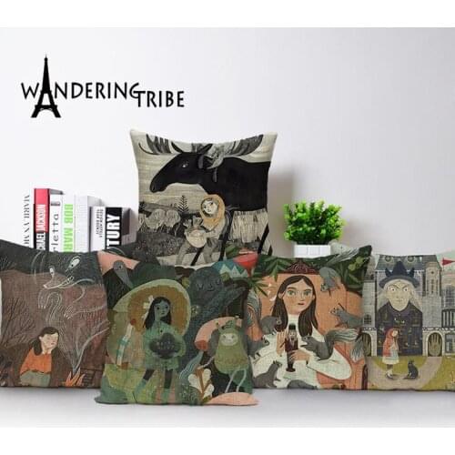 Vintage Decorative Cushion Cover Portrait Nordic Home Decor Throw Pillow Covers Cartoon Living Room Cushions Linen Pillow Case