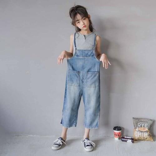 5 To 17 Years Teenage Girls Suspenders 2021 Summer Korean Children Wears Jeans Trousers Kids Pockets Patchwork Denim Overalls