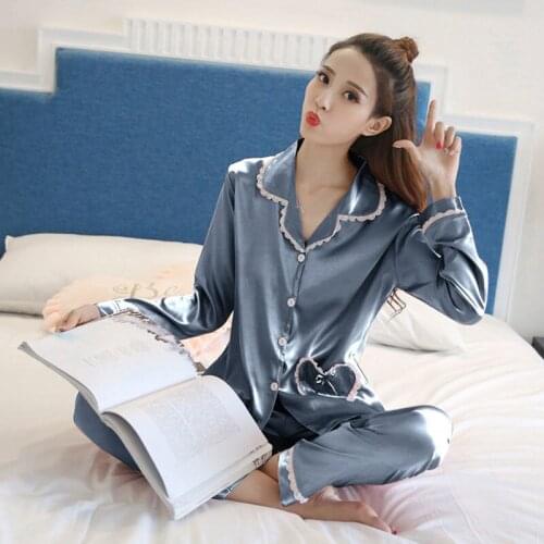 Spring Summer Faux Silk Women Pajamas Sets Sleepwear Long Sleeve Nightwear Pyjamas Suit Loose Home Clothes Homewear