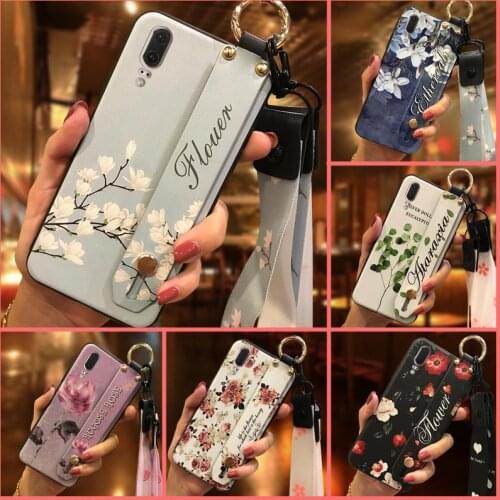 Wrist Strap Lanyard Phone Case For Huawei P20 Fashion Design Flower Soft Case Back Cover Wristband