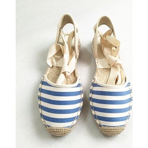 Women Flats Espadrilles Sandals 2021 Summer Striped Ankle Strap Women Canvas Platform Fisherman Fashion Lace up Hemp Shoes Woman