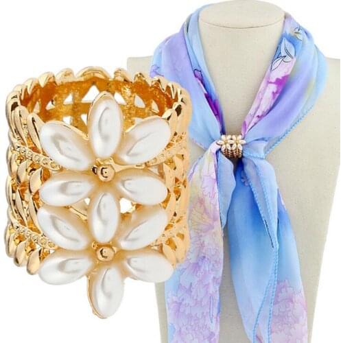 Silk Scarves Clip Scarf Chiffon Buckle Pearl Flower Beads Leaves Tube