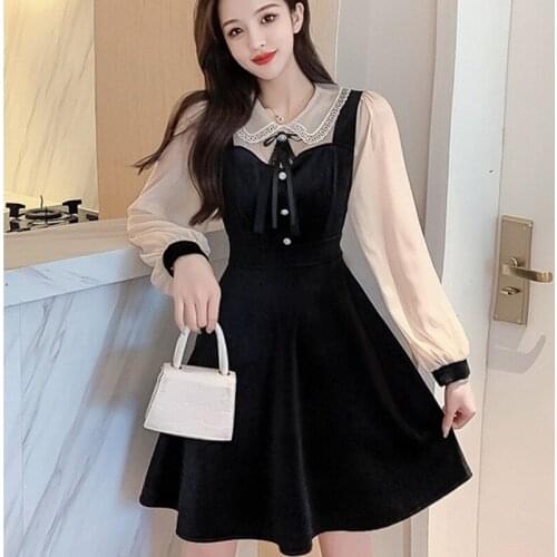 Vintage Velvet Black Mini Dress Women Long Sleeve Patchwork Party Dresses Ladies Koeran Fashion High Waist Slim Vestidos Mujer