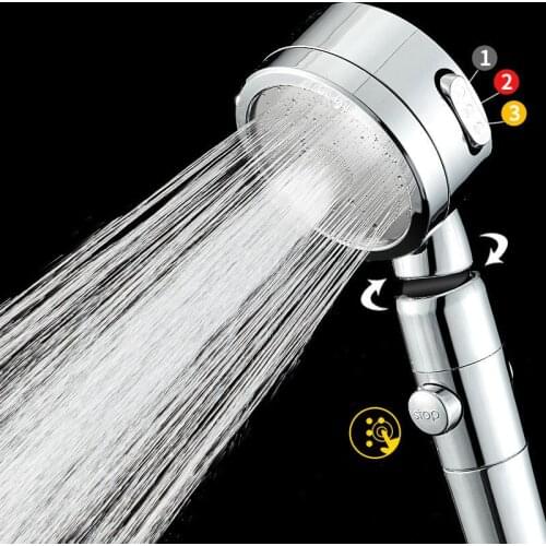 360 Degree Rotation Three Gear Booster Multifunction Shower Head Water Saving Round ABS