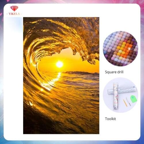 YIKELA 5D Scenery Diamond Painting Cross Stitch Decor Kit Full Square Diamond Embroidery Sea Wave Sun Diamond Painting Stickers