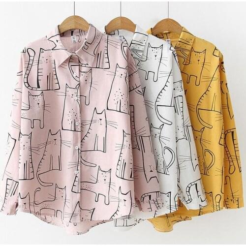 Hot 2019 Cotton Cute Cat Print Loose Casual Ladies Blosues Tops Women Turn Down Collar Long Sleeve Shirt Blouse Shirt