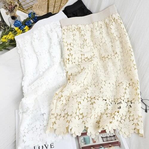 2020 new Lace Skirt Ladies Skirt Women 2020 Korean Elegant Crochet A-line Elastic High Waist Skirt Midi Skirts Clothes