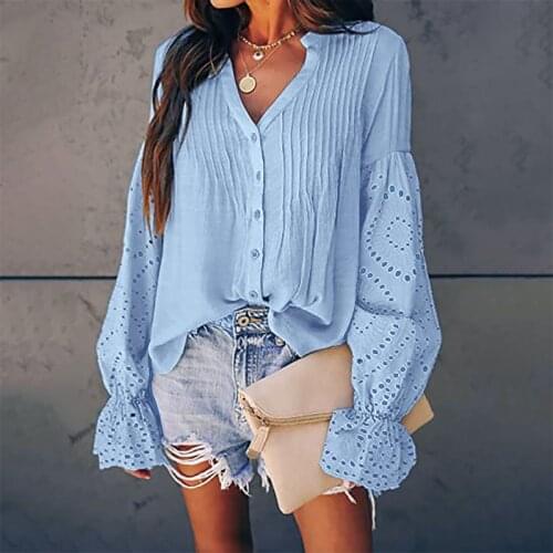 Trumpet Sleeve Patchwork Hollow Out Women Shirt V Neck Solid Single Breasted Female Shirts 2020 Autumn Fashion Ladies Clothes