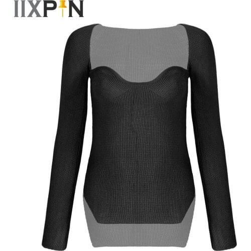 2021 New Women Knit Blouse Top Square Collar Long Sleeve Casual Fashion Woman Slim Asymmetric Hem Knitted Sweaters Pullover Tops