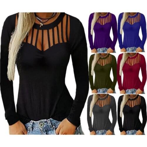 Womens Sexy Hollow Long-sleeved T-shirt Top Blouse