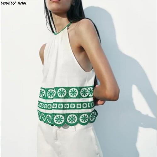 Women Skirt Suits Two Piece Sets Summer Elegant Embroidery Floral Halter Sleeveless Top Set & Casual Zipper Waist Skirts Outfits