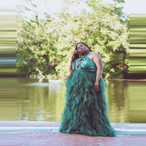 Plus Size Green Tulle Dresses Criss Cross Neck Puffy Ruffles Long Women Party Gowns Sexy Backless Gowns