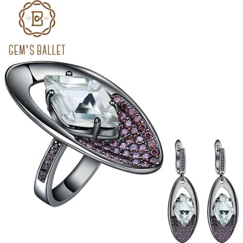 GEMS BALLET 925 Sterling Silver Ring Earrings Set Natural Green Amethyst Gemstone Jewelry Sets for Women Party Fine Jewelry