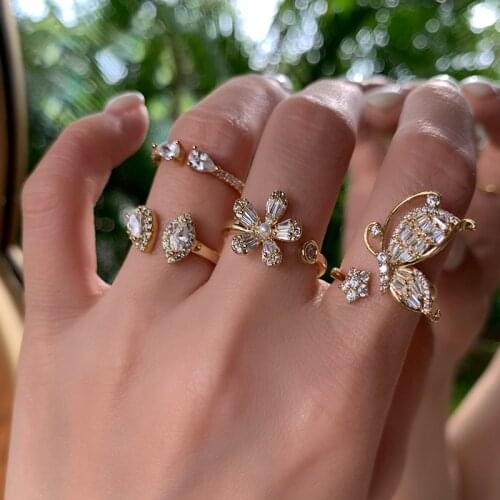 Womens 925 Sterling Silver Stackable Ring Cute Butterfly Flowers Opening Resizable Zircon Wedding Party Rings Set for Female