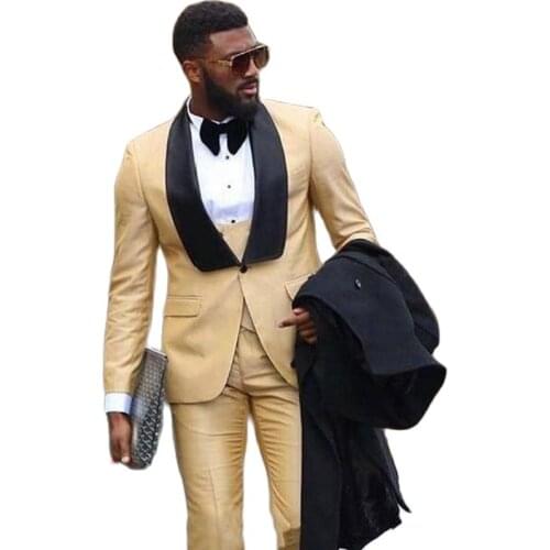 Gold Shawl Collar Groom Tuxedos Mens Evening Dress Toast Business Suits Coat Waistcoat Trousers (Jacket+Pants+Vest+Tie) W:122