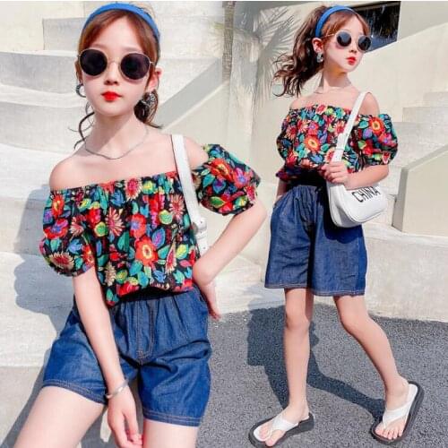 2021 Korea style girls 2 pcs set floral blouse+denim shorts fashion summer girls suit 4-9t B295