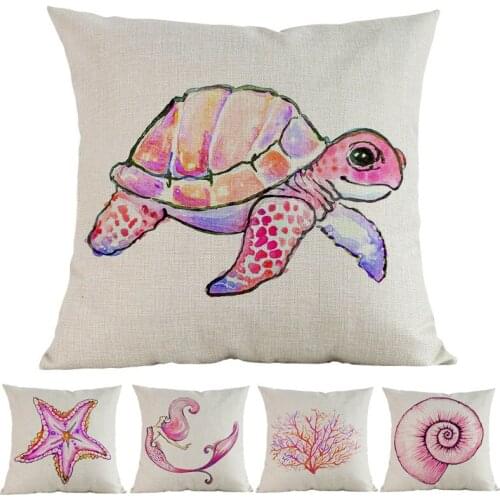 Watercolor Style Pink Marine Animals Sea Horse Turtle Shells Starfish Coral Mermaid Pillow Case Home Decoration Cushion Cover