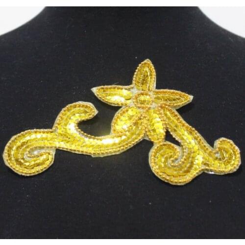 Sequined Flower Appliques Mirror pair Gold Silver Floral Farbic headwear Sewing patches Iron on 6*15cm