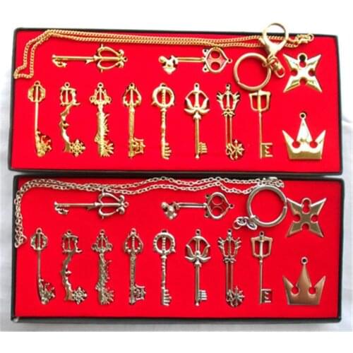 Kingdom Hearts 2 II Keyblade Keychain Pendant Necklace Keyrings Weapons Set Collection Box Gift Cosplay Prop