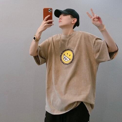 Summer Mens Short Sleeve Loose Casual T-shirt Cartoon Smile Face Pattern Cotton Daily Top C44