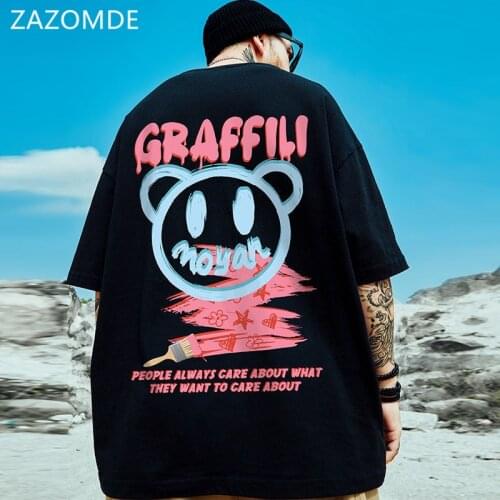 ZAZOMDE New Men Hip Hop Streetwear Letter ​bear Print T-Shirt Casual Harajuku Tee Summer Short Sleeve Cotton Oversized loose Top