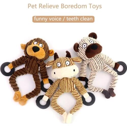 No-toxic Bite Resistant Pet Toy Molar Teeth Plush Cartoon Dolls Pull Ring Monkey/Cow/Bear Sounder Included Warm Dog Chewing Toy