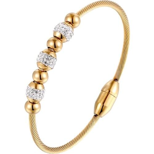 Exquisite Three Zircon Bead Bangle Stainless Steel Cable Twist Wire Stripe Gold Color Woman Bracelet Birthday Anniversary Gift