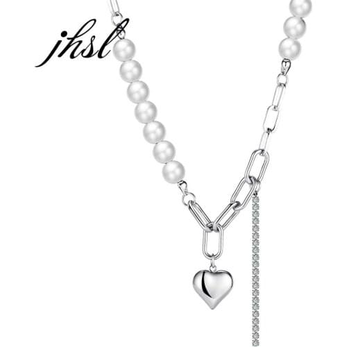 JHSL Women Necklaces Heart Pendants Simulated Pearl Silver Color Fashion Jewelry Girlfriend Birthday Gift Stainless Steel Chain