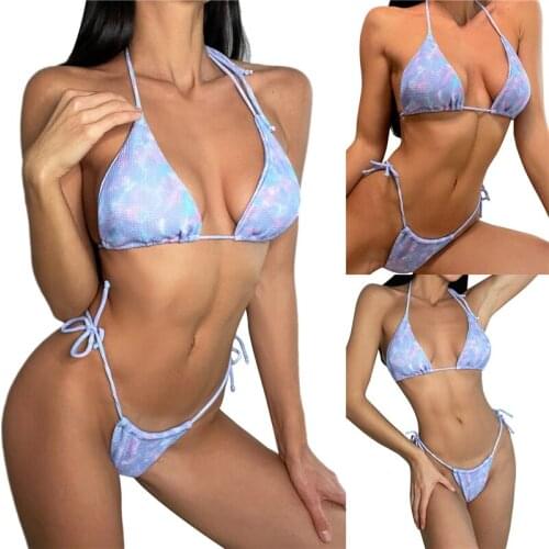 Women’s Tie-dyed 2Pcs Bikini Suit Split Style Drawstring Lace-up Halter Tops with Side Tie Triangle Bottoms De Playa Para Mujer