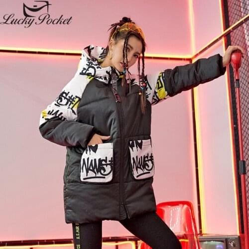 Female Winter New Thick Warm Wadded Cotton Jacket Women Long Sleeve Hooded Parkas Fashion Letter Print Black Loose Coat Z995