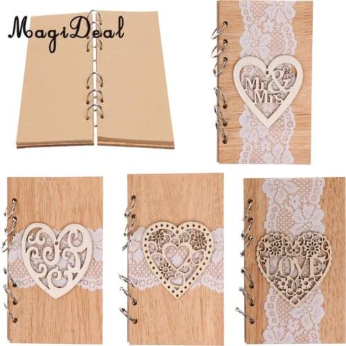 MagiDeal Rustic Kraft Inner Sheet Lace Wooden Cover Heart Decor Wedding Anniversary Guestbook Notebook Signature Book Accessory
