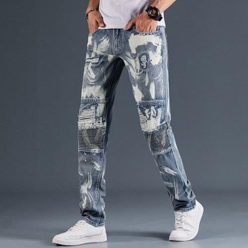 Fashion Mens Hole Ripped Jeans Distressed Printed Vintage Slim Fit Pencil Pants Casual Streetwear Motorcycle Cowboy Denim Pants