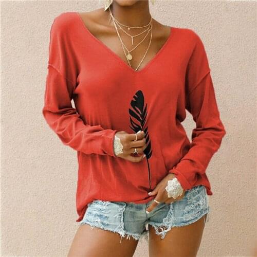 Leaf Print T Shirt V Neck Ladies Casual Long Sleeves Top Tees Street Style Loose Female Autumn Soft T Shirt