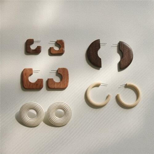 AOMU 2021 Bohemia Fashion Vintage Geometric Irregular Round Wooden Hoop Earrings for Women Girls Retro Party Jewelry Gifts